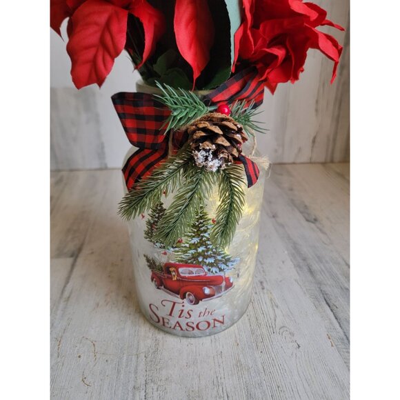 Faux flowers red white 'tis the season glass vase light up Xmas tabletop decor - Picture 3 of 13